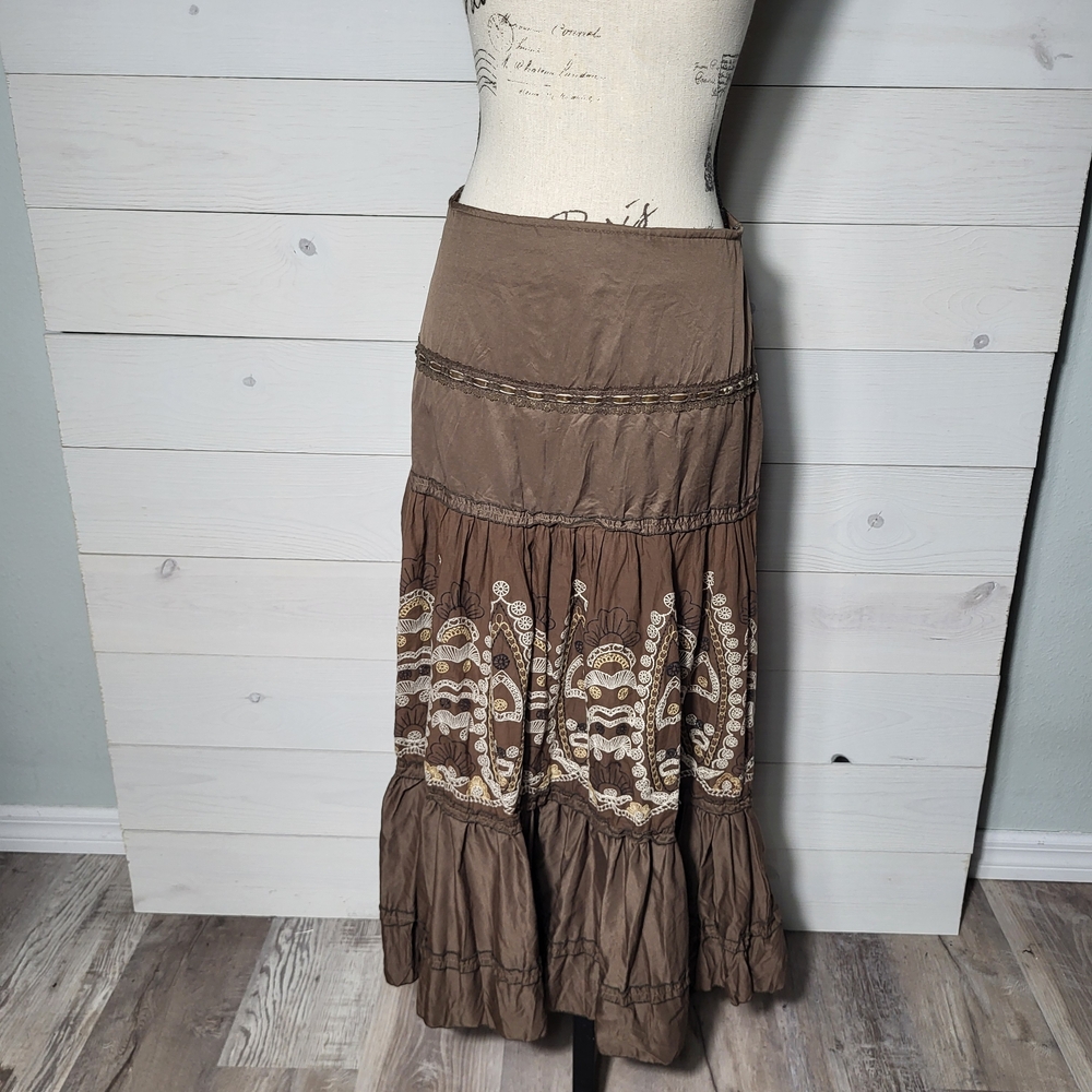 Lapis Maxi Skirt Brown Cotton Tiered Embroidered Earthy BOHO Hippie.